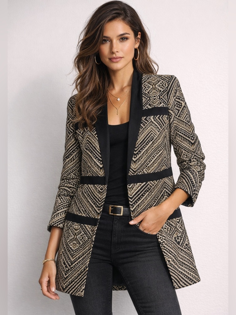 Chico's Black Label Metallic Jacquard Blazer Jacket Gold Black Open Front Size 0